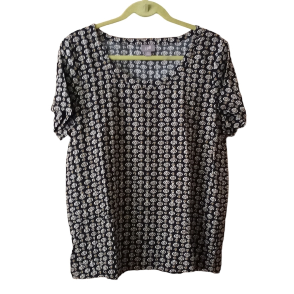 J. Jill Black Multi Medium Petite Top Short Sleeve Print Pullover Office Casual